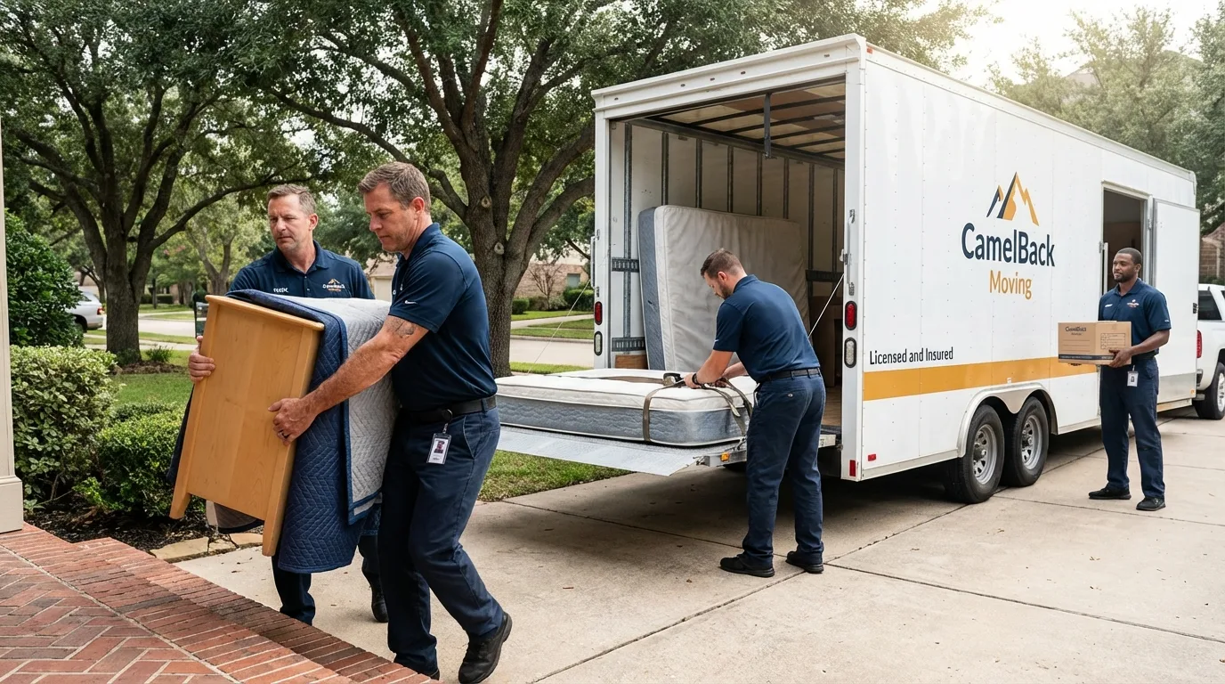 Crew loading residential truck for cross-state move from Sterlington, LA