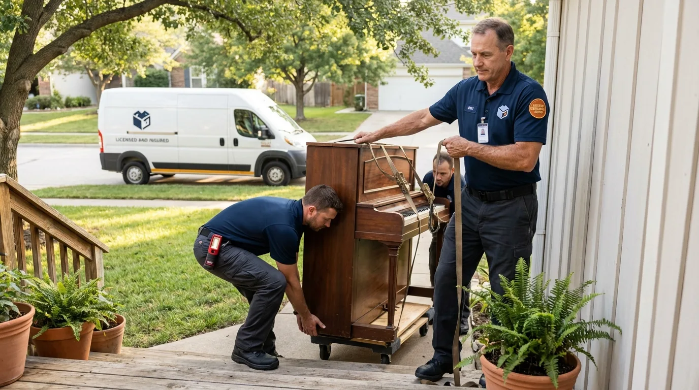 Licensed piano movers securing grand piano in Sterlington, LA