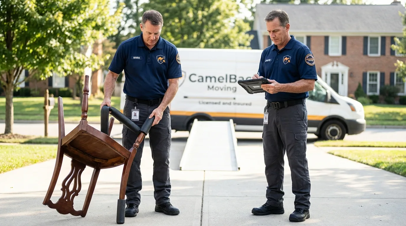 Movers inspecting furniture for damage prevention before loading in Sterlington, LA