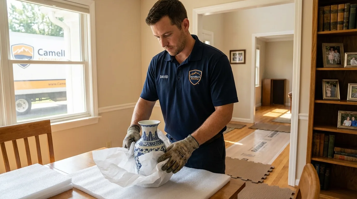 Professional crew carefully wrapping antique vase for senior downsizing move in Sterlington, LA